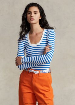 csíkos bordázott gombóc póló 2680483055 nők Ralph Lauren fehér/fürdő királyi