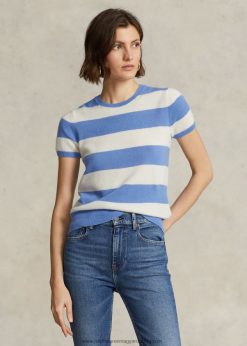 csíkos kasmír rövid ujjú pulóver 2680483043 nők Ralph Lauren krém/kikötő sziget kék