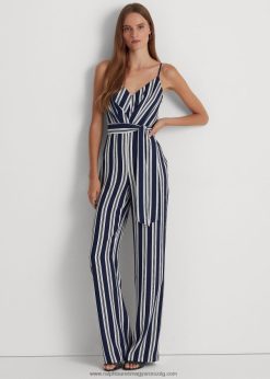 csíkos öves krepp jumpsuit 2680484858 nők Ralph Lauren sötétkék/fehér