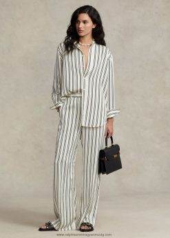 csíkos szatén széles szárú nadrág 2680482952 nők Ralph Lauren fekete/krémes csík