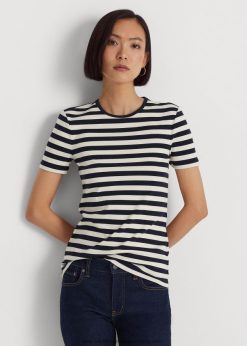 csíkos sztreccs pamut póló 2680483998 nők Ralph Lauren finomított sötétkék/krém