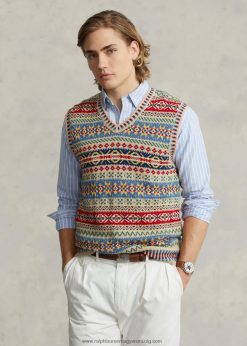 fair isle pamut-vászon pulóver mellény 2680488464 férfiak Ralph Lauren tan multi