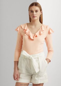 fodros szegélyű sztreccs pamut V-nyakú felső 2680484036 nők Ralph Lauren halvány rózsaszín