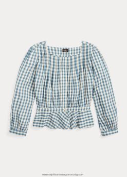 gingham voile peplum blúz 2680483637 nők Ralph Lauren krém/kék