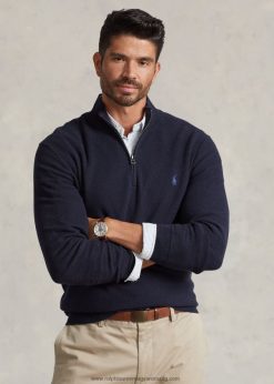 hálós kötött pamut negyedcipzáras pulóver 2680481914 férfiak Ralph Lauren sötétkék hanga