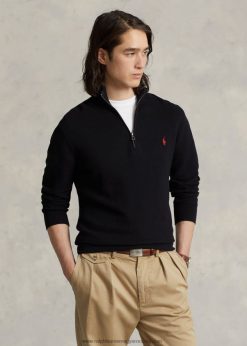 hálós kötött pamut negyedcipzáras pulóver 268048508 férfiak Ralph Lauren fekete