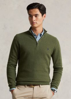 hálós kötött pamut negyedcipzáras pulóver 268048514 férfiak Ralph Lauren klasszikus olíva hanga