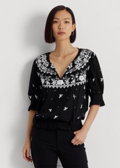 hímzett jersey nyakkendős felső 2680483867 nők Ralph Lauren fekete-fehér