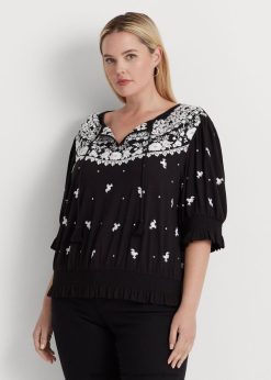hímzett jersey nyakkendős felső 2680484540 nők Ralph Lauren fekete-fehér