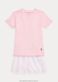 jersey póló és twill rövid alvás szett 2680487313 gyerekek Ralph Lauren fehér/karmelrózsaszín