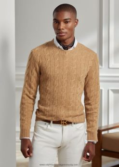 kábel kötésű kasmír pulóver 26804870 férfiak Ralph Lauren teve melanzs