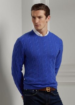 kábel kötésű kasmír pulóver 26804876 férfiak Ralph Lauren klasszikus copen kék