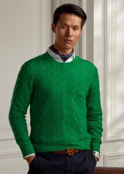 kábel kötésű kasmír pulóver 26804877 férfiak Ralph Lauren tengeri zöld