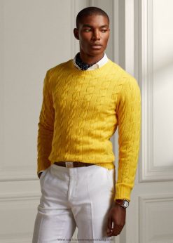 kábel kötésű kasmír pulóver 26804878 férfiak Ralph Lauren klasszikus citromsárga