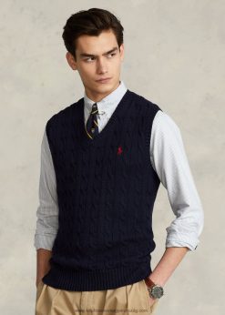 kábel kötésű pamut pulóver mellény 268048506 férfiak Ralph Lauren vadásztengerészet