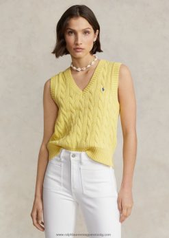 kábel kötésű pamut V-nyakú pulóver mellény 2680482903 nők Ralph Lauren beekman sárga