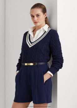 kábelkötésű krikettpulóver 2680484379 nők Ralph Lauren finomított sötétkék/krém