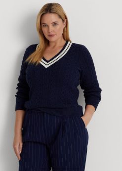 kábelkötésű krikettpulóver 2680484640 nők Ralph Lauren finomított sötétkék/krém