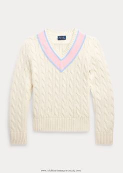 kábelkötésű pamutkeverék krikett pulóver 2680487079 gyerekek Ralph Lauren klubházi krém