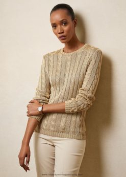 kábelkötésű selyem nyakú pulóver 2680483486 nők Ralph Lauren homok