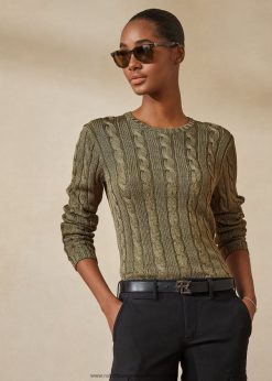 kábelkötésű selyem nyakú pulóver 2680483487 nők Ralph Lauren zuzmó zöld