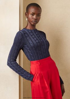 kábelkötésű selyem nyakú pulóver 2680483488 nők Ralph Lauren lux haditengerészet