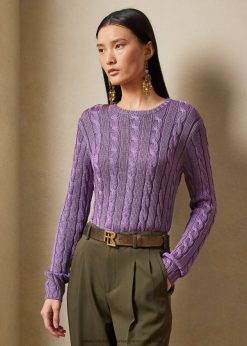 kábelkötésű selyem nyakú pulóver 2680483489 nők Ralph Lauren halványlila