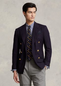 karcsú szabású gingham stretch poplin ing 268048813 férfiak Ralph Lauren sötétkék/fehér