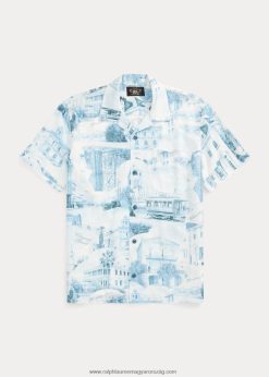 képeslapmintás vászon-pamut tábori ing 2680481762 férfiak Ralph Lauren krém/kék