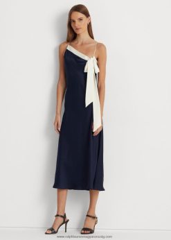 kéttónusú charmeuse koktélruha 2680484093 nők Ralph Lauren finomított sötétkék/krém