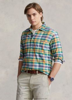 klasszikus fazonú indigó madras ing 2680488385 férfiak Ralph Lauren sárga/zöld multi
