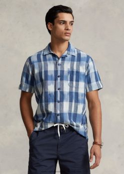 klasszikus fazonú len-pamut tábori ing 268048649 férfiak Ralph Lauren indigó