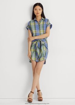 kockás nyakkendős vászon ingruha 2680483860 nők Ralph Lauren kék multi