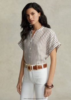 laza szabású vászon rövid ujjú ing 2680482916 nők Ralph Lauren vadász barna/fehér csík