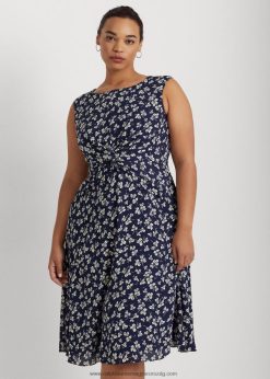 levélmintás elől csavaros krepp ruha 2680484649 nők Ralph Lauren sötétkék/krém