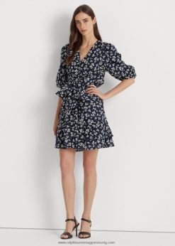 mintás nyakkendős elülső pamut puffos ujjú ruha 2680484044 nők Ralph Lauren sötétkék/krém