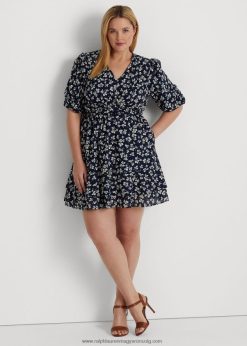 mintás nyakkendős elülső pamut puffos ujjú ruha 2680484701 nők Ralph Lauren sötétkék/krém