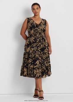 nyomtatott ráncos Georgette ruha 2680484961 nők Ralph Lauren fekete/barna