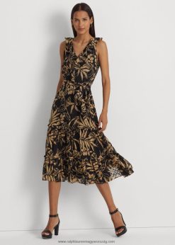 nyomtatott ráncos Georgette ruha 2680489506 nők Ralph Lauren fekete/barna