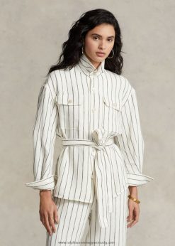 öves csíkos vászon használati ing 2680483190 nők Ralph Lauren krém/barna csík