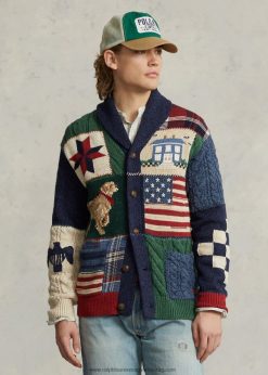 patchwork pamut keverékű kendős kardigán 2680481079 férfiak Ralph Lauren tan multi