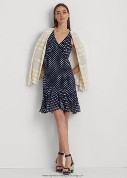 pöttyös sifon ujjatlan ruha 2680489419 nők Ralph Lauren sötétkék/krém