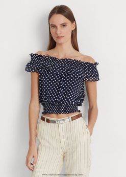 pöttyös vállból húzódó blúz 2680483961 nők Ralph Lauren sötétkék/krém