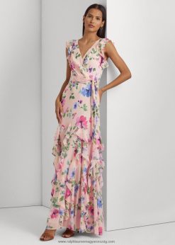 virágos, fodros szegélyű georgette ruha 2680484062 nők Ralph Lauren rózsaszín multi