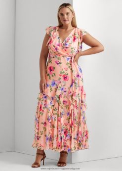 virágos, fodros szegélyű georgette ruha 2680484699 nők Ralph Lauren rózsaszín multi