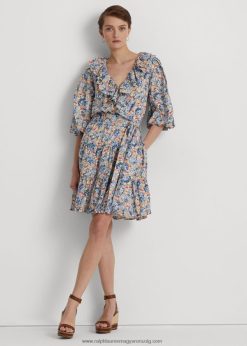 virágos fodros szegélyű pamut voile ruha 2680483976 nők Ralph Lauren kék/rózsaszín multi