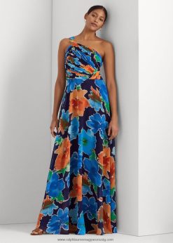 virágos georgette egy vállú ruha 2680489557 nők Ralph Lauren haditengerészet multi