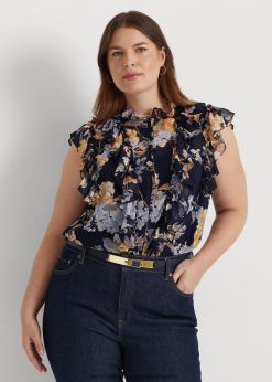 virágos georgette ujjatlan ing 2680484653 nők Ralph Lauren haditengerészet multi