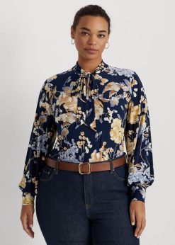 virágos nyakkendős nyakú sztreccs trikó felső 2680484695 nők Ralph Lauren haditengerészet multi