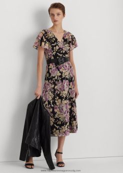 virágos ráncos georgette ruha 2680489522 nők Ralph Lauren fekete/levendula/krém